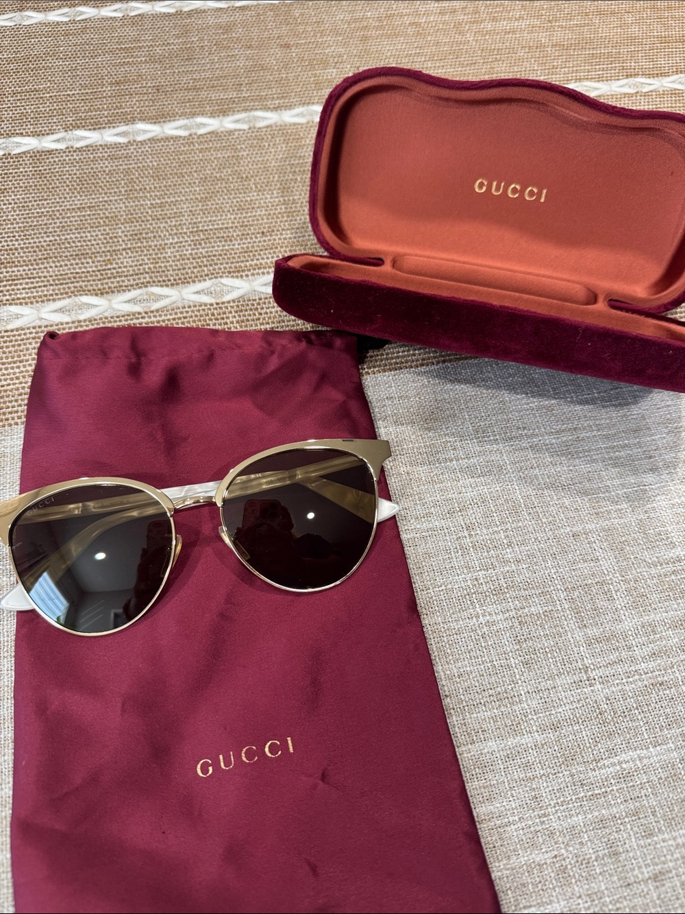 Gucci Gold Metal Frame Sunglasses with Black Lenses and Burgundy Case